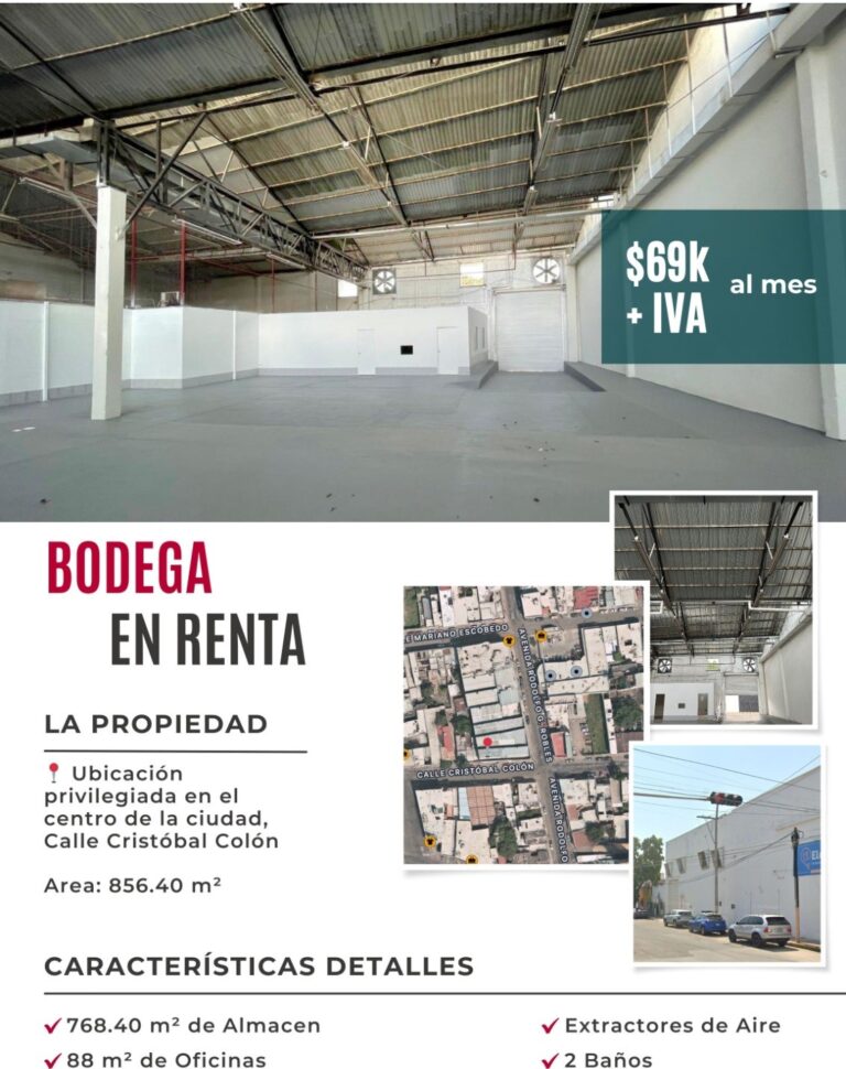 Bodega En Renta de 856.40 M2, Ubicada en Calle Cristóbal Colon y Rodolfo G. Robles, Culiacán, Sinaloa